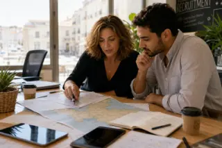 Two diverse professionals in a bright office collaborating over regional maps and candidate resumes, surrounded by work materials, with a sunlit, authentic atmosphere.