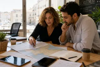 Two diverse professionals in a bright office collaborating over regional maps and candidate resumes, surrounded by work materials, with a sunlit, authentic atmosphere.