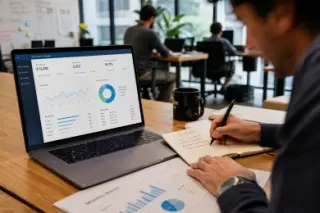 A professional working at a coworking desk, taking notes next to a laptop displaying KPI dashboards, in a naturally lit, active office environment.