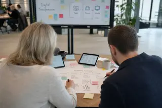Two professionals in a coworking space working together on a large training plan, with digital tools and notes, in a naturally lit, authentic work environment.