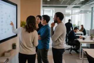 Group of professionals in an open office reviewing a digital flowchart together, with others working individually in the background, under soft natural light.