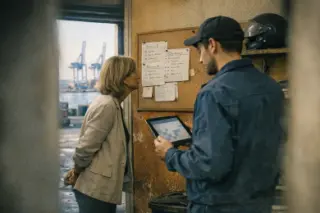 Candid scene in a Marseille workshop: a manager and a technician quietly review notes on a corkboard near an open loading door with cranes and sea in the background, in soft morning light.