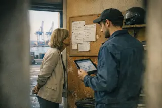 Candid scene in a Marseille workshop: a manager and a technician quietly review notes on a corkboard near an open loading door with cranes and sea in the background, in soft morning light.