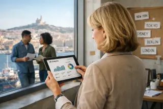 Professional woman reviewing HR data by Marseille port window, natural daylight, colleagues interacting in background of modern coworking space.