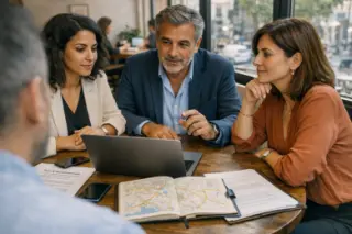 Three professionals of diverse backgrounds collaborate intently at a café table in Marseille, surrounded by documents and a map, with soft daylight and a candid, natural atmosphere.