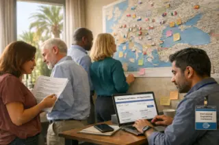 Professionals of diverse backgrounds review a wall map and documents in a sunlit Provence office, reflecting international recruitment discussions.