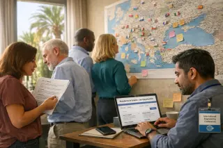 Professionals of diverse backgrounds review a wall map and documents in a sunlit Provence office, reflecting international recruitment discussions.