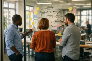 Informal discussion between diverse professionals at a glass wall with project notes in a sunlit Marseille workspace, blending modern and traditional office areas.