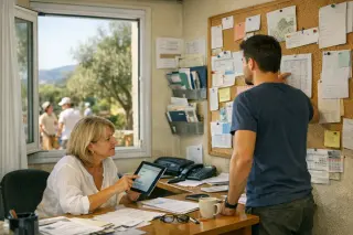 HR professionals in a back office managing seasonal staff schedules near the Mediterranean, papers spread, natural light entering, Provence landscape outside.