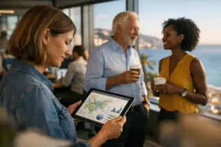 Three professionals in an open office near large windows, reviewing digital data and discussing quietly, with a Mediterranean cityscape in the background and soft natural daylight illuminating the workspace.