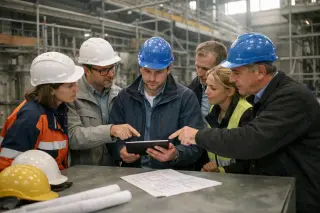 French and Slovak engineers and managers discussing modular equipment in an unfinished industrial facility, focused on collaborative problem-solving under natural light.