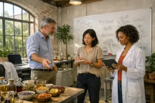 Professionals collaborate in a bright lab filled with botanical samples, notes on a whiteboard, and natural daylight, reflecting innovation in a real work setting.
