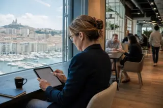 Businesswoman in a coworking lounge, deeply focused on her tablet, Marseille city view in background, with diverse professionals moving quietly around her.