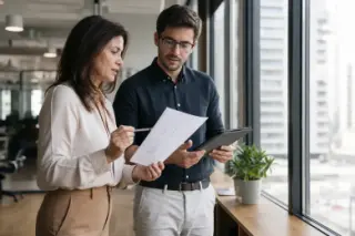 Manager and colleague discussing documents by a window in a modern office, natural light, spontaneous atmosphere