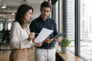 Manager and colleague discussing documents by a window in a modern office, natural light, spontaneous atmosphere