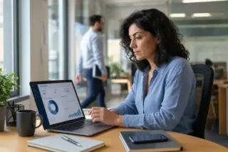 Business woman with Mediterranean features reviews HR data on her laptop by the window in a modern office, subtle activity in the background, calm and natural atmosphere.