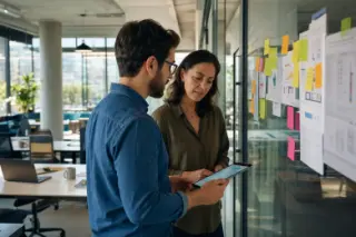 Two professionals in a coworking space reviewing notes on a glass wall, naturally lit with a focused, authentic atmosphere.