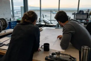 Two professionals collaborate over aviation schematics in an industrial office with soft dawn light and an airfield visible through large windows.