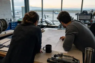 Two professionals collaborate over aviation schematics in an industrial office with soft dawn light and an airfield visible through large windows.