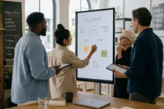 Small diverse team discusses strategy around a digital whiteboard in a modern coworking space, natural daylight creating a calm professional atmosphere.