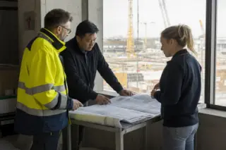 Three diverse professionals review blueprints at an industrial site, softly lit by daylight, captured candidly from behind