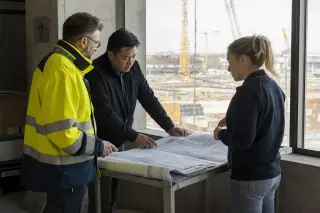 Three diverse professionals review blueprints at an industrial site, softly lit by daylight, captured candidly from behind