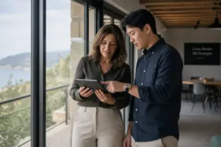 Two diverse professionals in a coworking space, quietly discussing over a tablet near a large window with soft natural light and a subtle, professional atmosphere.