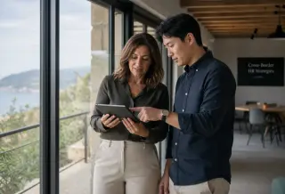 Two diverse professionals in a coworking space, quietly discussing over a tablet near a large window with soft natural light and a subtle, professional atmosphere.