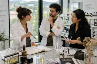 Three R&D professionals, diverse in background and age, discuss perfume samples in a sunlit, modern lab with an informal, collaborative mood.