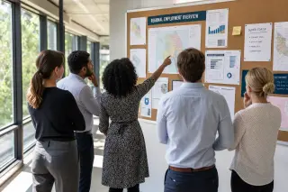 Small team of HR professionals in a bright office corridor thoughtfully analyzing a pinboard with regional workforce data and maps.