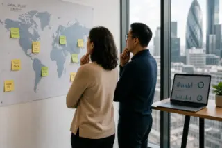 Two professionals in a modern office quietly studying a world map with notes by a window, suggesting thoughtful international business planning.