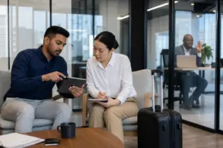 Three diverse professionals in a modern open office, engaged in subtle collaboration with travel accessories nearby, in natural daylight.