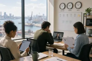 Three professionals of varied backgrounds working individually but together in a modern office with natural light and a view of the city port, each engaged with digital or paper recruitment materials.