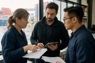 Three professionals stand near a factory window, engaged in a focused, discreet discussion with documents and digital tablets, illuminated by natural light.
