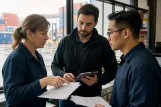 Three professionals stand near a factory window, engaged in a focused, discreet discussion with documents and digital tablets, illuminated by natural light.