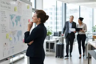 Professional woman reviewing a whiteboard with international plans in a modern sunlit office, while colleagues confer in the background.