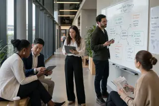 Professionals of various backgrounds collaborate informally near a whiteboard with global notes, exchanging ideas in a modern office hallway bathed in soft daylight.