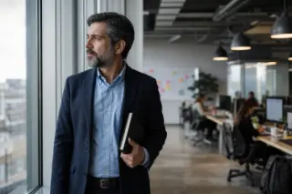 Manager in business attire stands pensively by a window in a bright office while coworkers work in the background, natural daylight and subtle, realistic ambiance.
