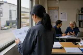 A woman in workwear reviews documents by a window in a factory office, with two colleagues discussing softly in the background under natural daylight.