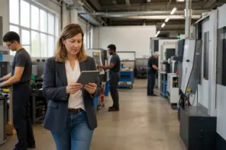 HR manager walks through an industrial workspace, reviewing résumés on a tablet, surrounded by technicians at work, in soft daylight.