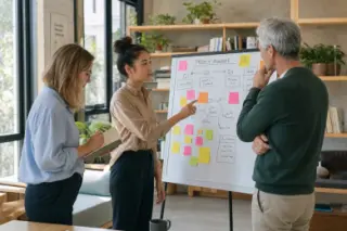 Three diverse professionals collaborating at a whiteboard in a bright coworking space, absorbed in discussion and notes, with natural light highlighting a candid team moment.
