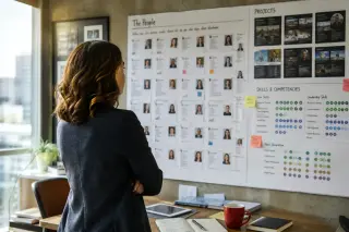 HR manager studying a wall covered with profiles and project notes in a bright, modern office, conveying strategic talent evaluation.