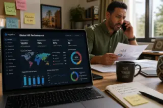 Laptop screen shows HR performance metrics, person in background on phone with reports, natural daylight in a professional office with subtle international details.