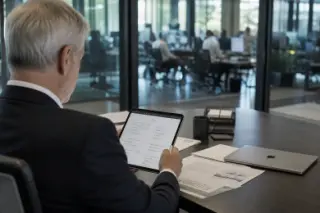 Senior executive in a glass office reviews notes on a tablet, documents and laptop on the desk, soft daylight, busy workspace behind glass, natural candid moment.