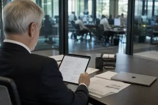 Senior executive in a glass office reviews notes on a tablet, documents and laptop on the desk, soft daylight, busy workspace behind glass, natural candid moment.