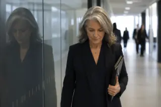 Une dirigeante marche dans un couloir vitré, son reflet visible sur la paroi, quelques collègues flous au fond.