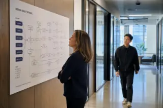 Une femme consulte un schéma de mobilité de carrière dans un couloir de bureaux, un collègue passant derrière elle.