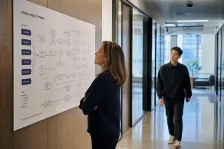 Une femme consulte un schéma de mobilité de carrière dans un couloir de bureaux, un collègue passant derrière elle.