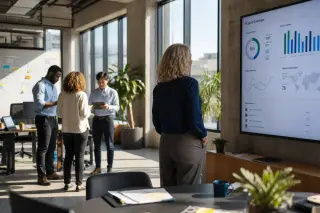 Un manager consulte un tableau de bord sur son écran pendant qu'une petite équipe échange en arrière-plan dans un bureau ouvert.