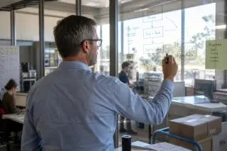 Professional reviewing a flowchart on a glass wall in a sunlit regional office with subtle industry cues in the background, creating a natural and collaborative atmosphere.
